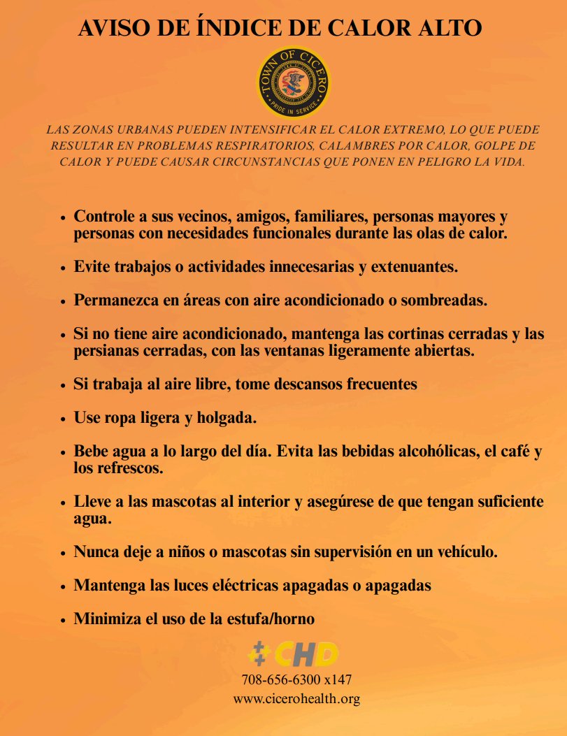 🚨 EXTREME HEAT WARNING in effect!

Cooling centers are open today:
✅ Cicero PD (24/7)
✅ PSO Building (8a–5p)
✅ Community Center (8a–8p)
✅ Library (9a–8p)
✅ Town Hall (8a–8p)

Need help? Call 708-652-2130.
Stay cool! 🧊☀️

#CiceroIL #ExtremeHeatWarning #CoolingCenters