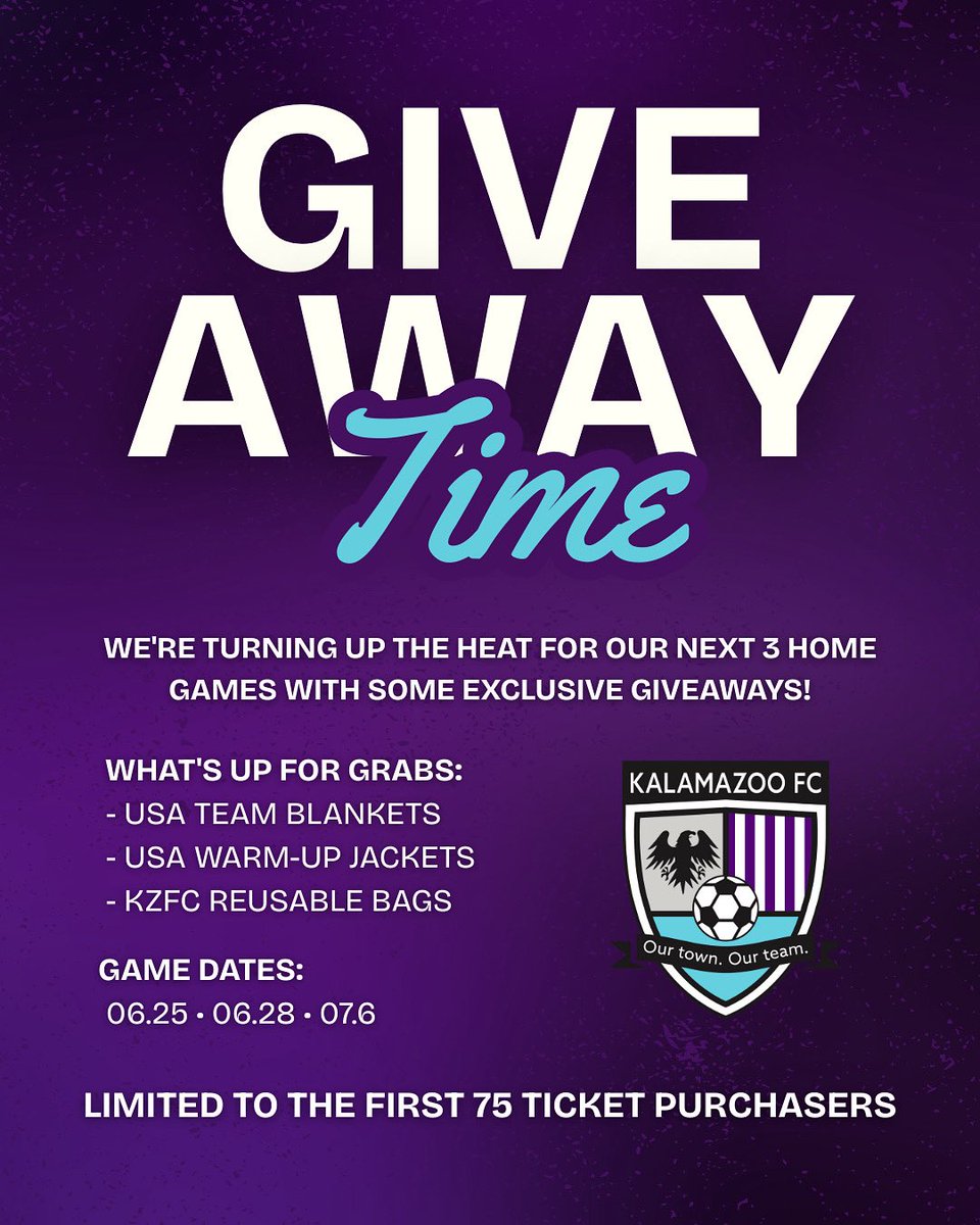 KZFC fans, it’s giveaway time! For our next three home games starting Wednesday 6/25, the first 75 ticket buyers at the gate get something special.

We’re giving away:
• USA team blankets
• USA warm-up jackets
• KZFC reusable bags

Three games, three chances!