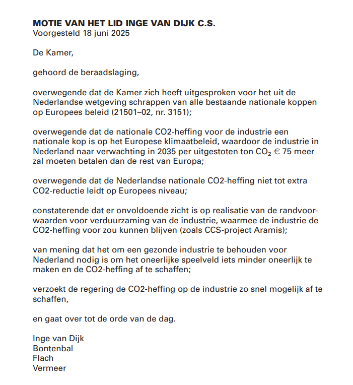 Deze week stemt de Kamer over een motie van het CDA waarin we het kabinet verzoeken de nationale CO2-heffing af te schaffen.

Deze heffing zorgt namelijk niet voor meer CO2-reductie in Europa, maar wel voor een oneerlijk speelveld voor de Nederlandse industrie.