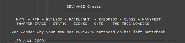 sanitysama's tweet photo. @NationalPepper theres references to MYTH in DEViANCE's NFO files for Frogger 2 and Typing of The Dead. MYTH references them back in their crack for Deus Ex (probably more). there was always an overlap in game rippers and crackers. maybe Myth updated the crack and they both distributed it https://t.co/7HYAPxmORE