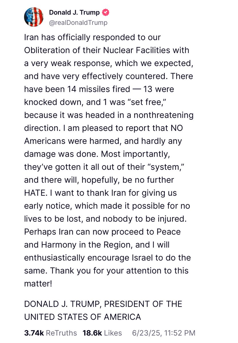HSajwanization's tweet image. President Trump thanks Iran for giving early notice, says we can now proceed to peace and harmony in the region.
