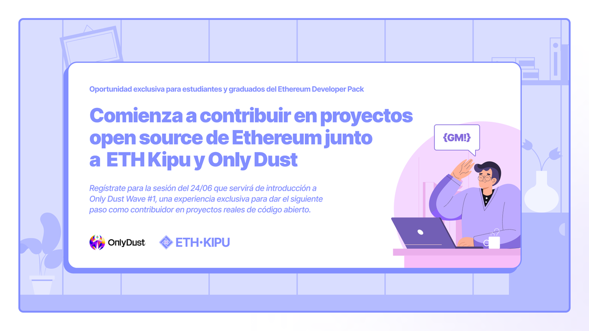 🤌  ¿Ya estudié solidity y ahora que?

💡 ¡Ahora es el momento de comenzar a poner en práctica tus conocimientos, contribuyendo en proyectos reales de Ethereum!

✨ Por eso junto a <a href="/OnlyDust_com/">OnlyDust</a> tenemos una invitación muy especial para hacerte...

Toda la info a continuación 👇