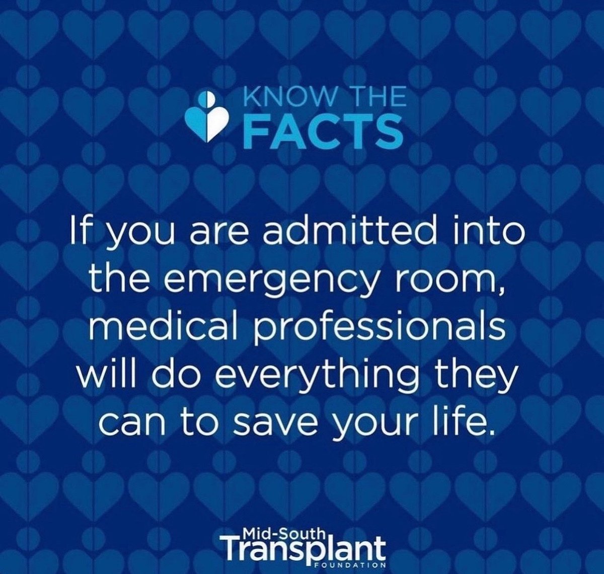 Doctors who work to save lives are not the same doctors involved with organ donation. Organ donation will be considered only after every attempt has been made to save your life.

Register today to become an organ and tissue donor at midsouthtransplant.org

…
#KnowTheFacts