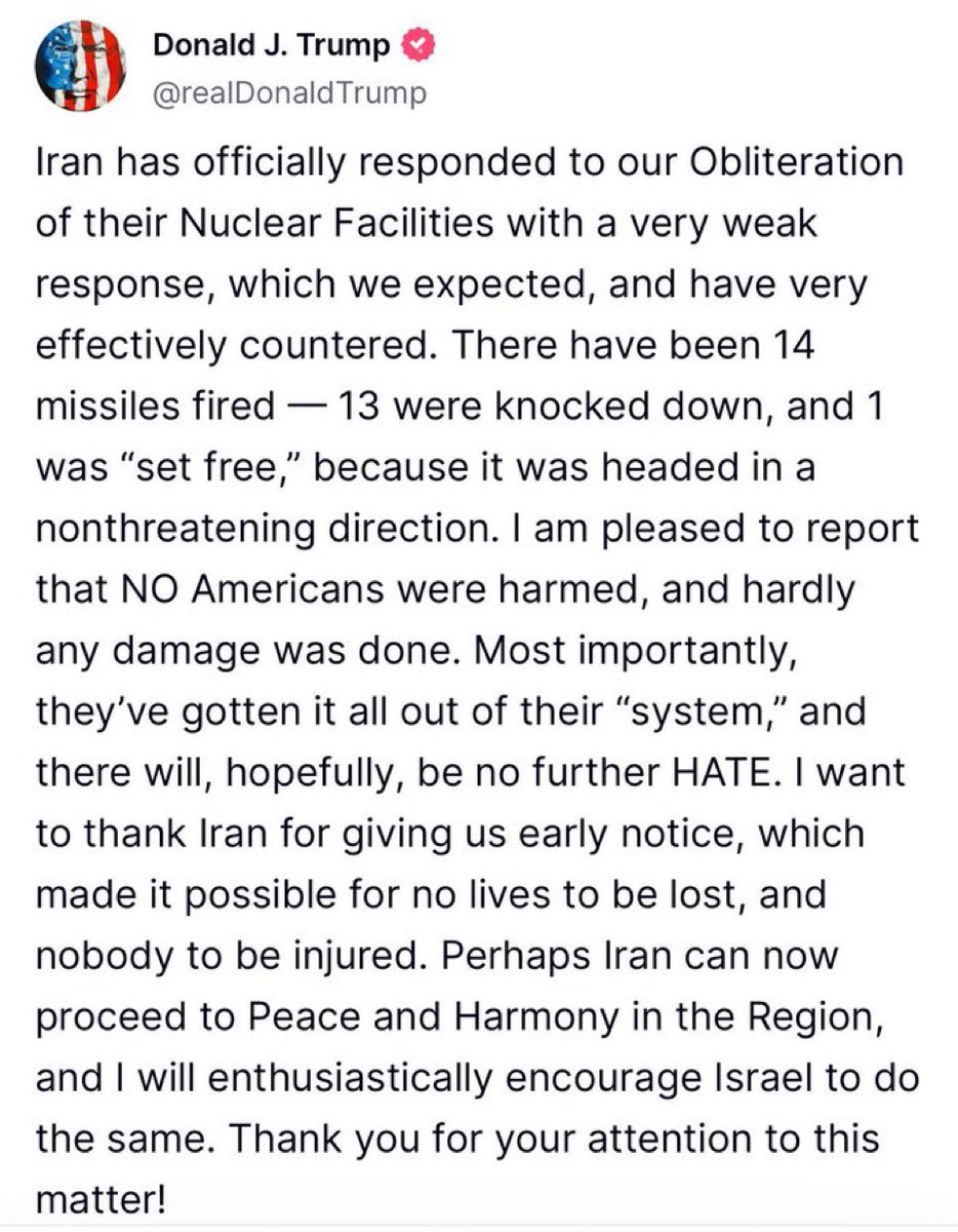 Trampa līdz šim lielākā ārpolitikas uzvara otrajā termiņā: Irānas reakcija – tukša, Izraēla nostiprinās, eskalācija piebremzēta, Krievijas uzticamība reģionā mazināta. Kārtējais apliecinājums, ka “miers caur spēku” ir efektīvākā ASV ārpolitikas pieeja. Cerams… arī Ukrainā.