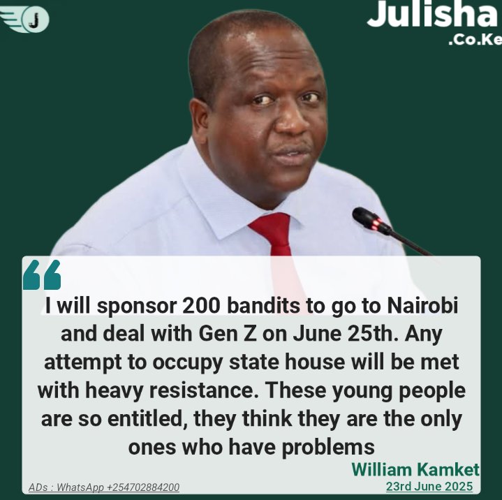 NEWS UPDATE 

Tiaty Mp William Kamket ; I will sponsor 200 bandits to go to Nairobi and deal with Gen Z on June 25th, any attempt to occupy state house will be met with heavy resistance