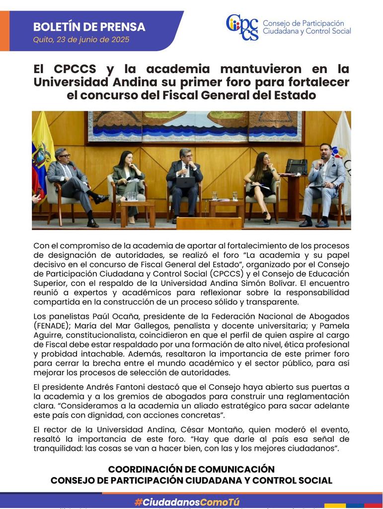 Participa Ecuador (@cpccsec) on Twitter photo El CPCCS y la academia mantuvieron en la Universidad Andina su primer foro para fortalecer el concurso de Fiscal General del Estado.
<a href="/cesarmontanog/">César Montaño Galarza</a>
<a href="/PabloBeltran_A/">Pablo Beltrán Ayala</a>
<a href="/pame_j_aguirre/">Pamela Aguirre Castro</a>
Entérate de los detalles ⬇️ El CPCCS y la academia mantuvieron en la Universidad Andina su primer foro para fortalecer el concurso de Fiscal General del Estado.
<a href="/cesarmontanog/">César Montaño Galarza</a>
<a href="/PabloBeltran_A/">Pablo Beltrán Ayala</a>
<a href="/pame_j_aguirre/">Pamela Aguirre Castro</a>
Entérate de los detalles ⬇️