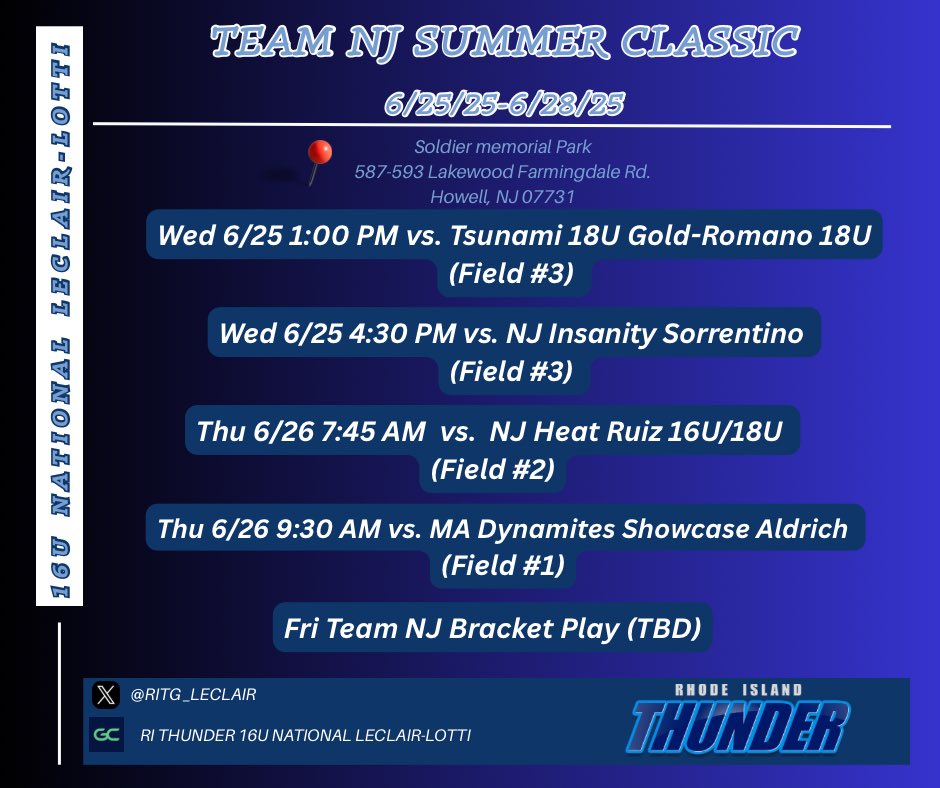 Kayleigh Ventura 2027 (@kayleighv2027) on Twitter photo Quick trip down to NJ🚗 for the Team NJ Summer Classic before we head off to Colorado IDT ✈️⛰️.
Check out our schedule 👇👇👇
<a href="/RITG_Leclair/">RI Thunder Gold 16u National Leclair-Lotti</a> <a href="/leclaircoach/">Chris Leclair</a> <a href="/thunderjam134/">dave lotti</a> <a href="/BobRossiRITG/">Bob Rossi</a> <a href="/HopsAP/">HopsAP</a> <a href="/ExtraInningSB/">EXTRA INNING SOFTBALL</a> <a href="/scan1ansports/">ꜱᴄᴀɴʟᴀɴ ꜱᴘᴏʀᴛꜱ™️</a> <a href="/CoastRecruits/">Coast 2 Coast Recruits</a> <a href="/IHartFastpitch/">I❤️Fastpitch</a> <a href="/SoftballDown/">Down South Softball</a> <a href="/TopPreps/">College Coaches / Scouts / College Recruiters</a> Quick trip down to NJ🚗 for the Team NJ Summer Classic before we head off to Colorado IDT ✈️⛰️.
Check out our schedule 👇👇👇
<a href="/RITG_Leclair/">RI Thunder Gold 16u National Leclair-Lotti</a> <a href="/leclaircoach/">Chris Leclair</a> <a href="/thunderjam134/">dave lotti</a> <a href="/BobRossiRITG/">Bob Rossi</a> <a href="/HopsAP/">HopsAP</a> <a href="/ExtraInningSB/">EXTRA INNING SOFTBALL</a> <a href="/scan1ansports/">ꜱᴄᴀɴʟᴀɴ ꜱᴘᴏʀᴛꜱ™️</a> <a href="/CoastRecruits/">Coast 2 Coast Recruits</a> <a href="/IHartFastpitch/">I❤️Fastpitch</a> <a href="/SoftballDown/">Down South Softball</a> <a href="/TopPreps/">College Coaches / Scouts / College Recruiters</a>