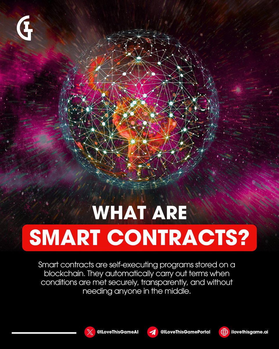 ILoveThisGameAI's tweet photo. No middlemen. No delays. No trust required. Smart contracts are self-executing programs that live on the blockchain. They automatically carry out terms of an agreement when pre-set conditions are met, securely and transparently 🛡️

They’re used for:
✅ Sending payments
✅ Minting NFTs
✅ Managing DeFi protocols
✅ Powering DAOs and games
✅ Enforcing token vesting
…and much more.

Think of them like digital vending machines for agreements: you input the right data, and they deliver results — without needing a third party. It’s how platforms like ILTG bring real utility to tokens, automate rewards, and unlock trustless access to experiences 🤯

#blockchain #web3 #digitalasset #patriceevra #iltg #iltgcard #iltgcoin #ilovethisgame