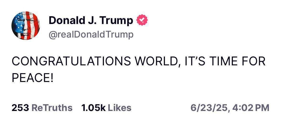 Trump:
“Dünya için kutlu olsun, barış zamanı geldi”

Altı aydır Gazze yok ediliyor, o ise göreve geldiğinden beri: İran’a saldırdı, İsrail’in etnik temizlik yapmasına destek verdi, sonra da kalkıp barıştan bahsediyor.

- İki yüzlü oç