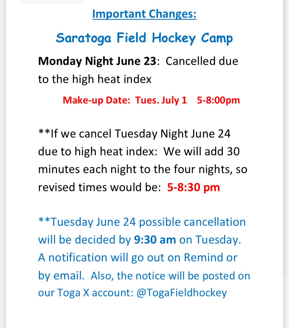 Saratoga summer FH Camp cancelled tonight.
