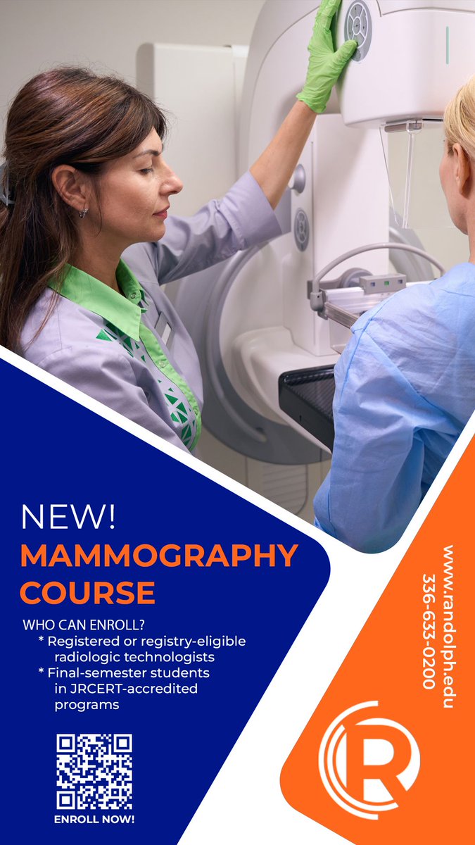 Randolph CC (@randolphcc) on Twitter photo π New Mammography Course <a href="/RandolphCC/">Randolph CC</a>!
β
4 Saturdays
β
90 hrs clinical
β
ARRT certification prep
π For ARRT-registered or eligible rad techs
β° Apply by Aug. 12, 3PM
π Info: rccurl.com/mammography
#Mammography #Radiology #HealthcareCareers #RCCProud π New Mammography Course <a href="/RandolphCC/">Randolph CC</a>!
β
4 Saturdays
β
90 hrs clinical
β
ARRT certification prep
π For ARRT-registered or eligible rad techs
β° Apply by Aug. 12, 3PM
π Info: rccurl.com/mammography
#Mammography #Radiology #HealthcareCareers #RCCProud