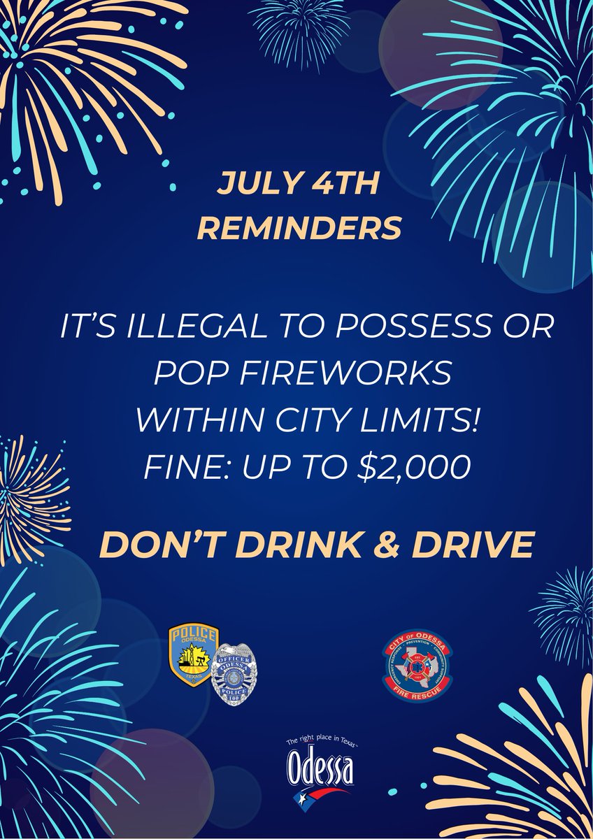 July 4th Reminders 🇺🇸

As we celebrate Independence Day, let’s keep it safe and legal:

🚫 Fireworks are illegal within city limits.

🚗 Don’t Drink &amp; Drive - Plan ahead with a designated driver.

Have a fun and safe 4th of July! 🎇