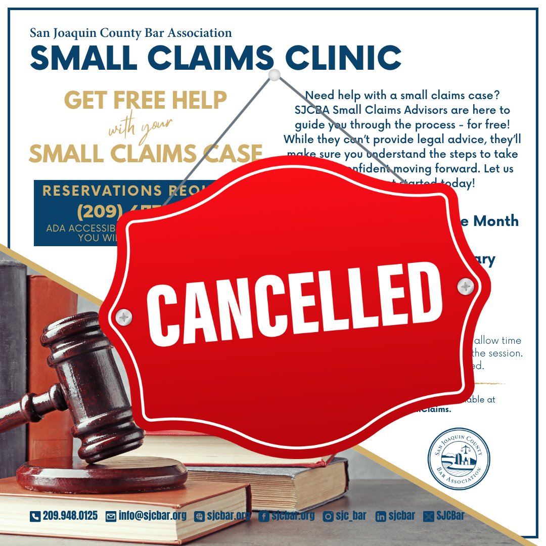 The July Small Claims Clinic has been cancelled. To RSVP for the August Small Claims Clinic, call (209) 473-6463 or email smallclaims@sjcbar.org.

For general info about small claims, visit sjcbar.org/?pg=small-clai…

#SJCBA #SJCBAR #SmallClaimsClinic #communityresource