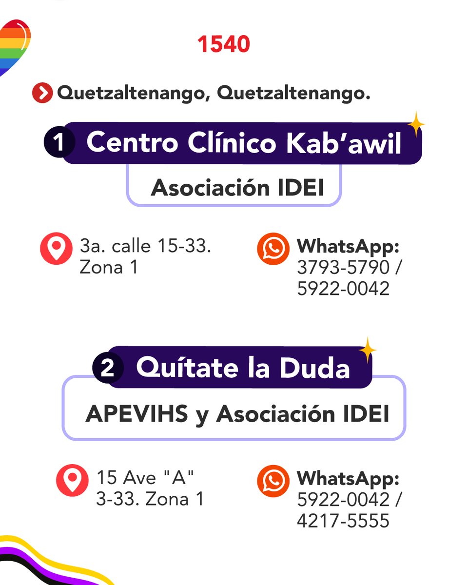 Linea1540's tweet photo. 🌈¡Corre la voz! Comparte esta información para que llegue a quienes la necesitan. 📢 #PruebasVIHGratis #ITS #PrevenciónVIH #CondonesGratis #Salud #Linea1540 #Guatemala #LGBTQ #PruebasVIH #Comunidadtras #Xela #Quetzaltenango https://t.co/3SomnKCNZq