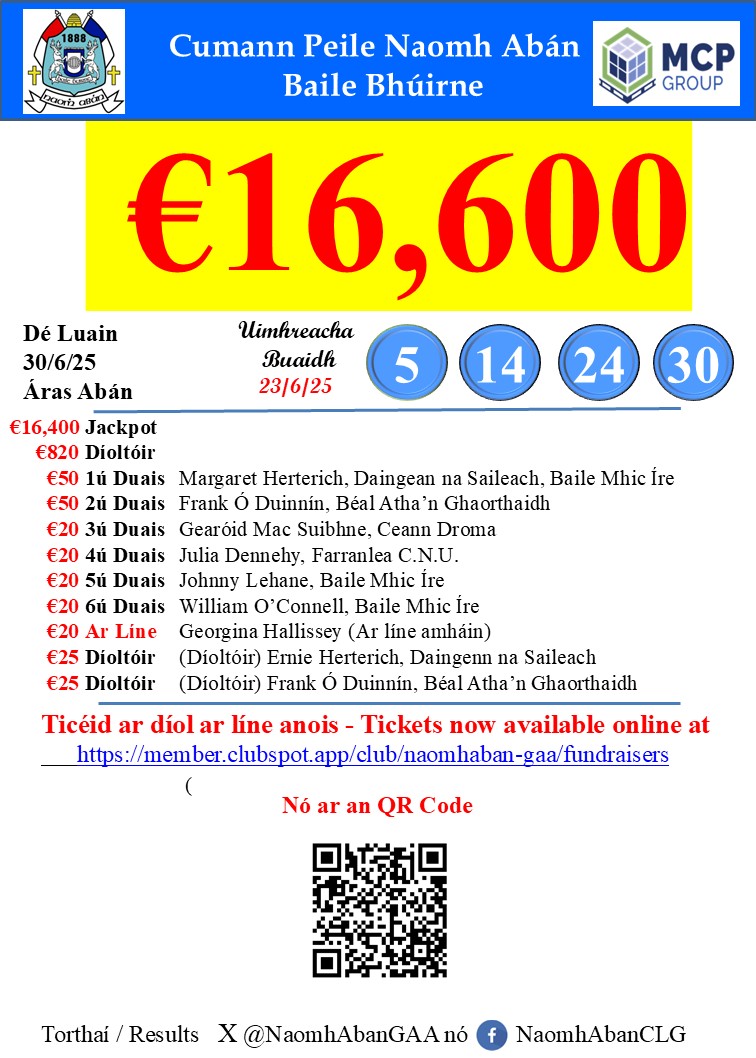 Ní raibh aon bhuaiteoir ar Jackpot na seachtaine seo. Míle buíochas as ucht bhur dtacaíocht.  Ticéid ar díol go háitiúil, ar an Aip agus ar líne ar member.clubspot.app/club/naomhaban…………………………………………………………