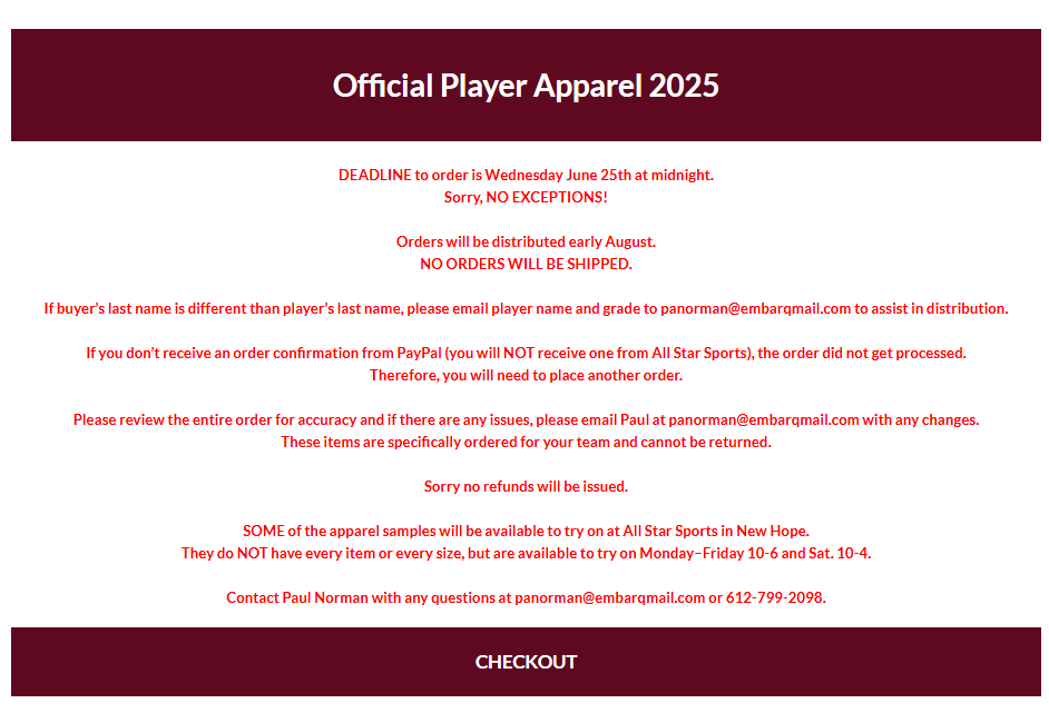 PLAYERS - The deadline to order your player apparel is this Wednesday by 11:59PM.  Click the link below to get to the store. 

allstarsportsinc.com/mg-football-20…