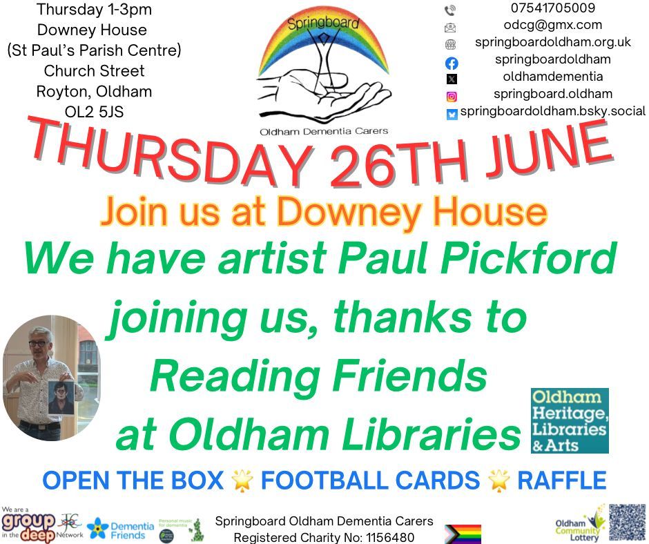 Springboard Oldham Dementia Carers Group (@oldhamdementia) on Twitter photo This week Reading Friends have arranged for <a href="/PaulPickford7/">Paul Pickford</a> to come and join us.
Last time we had a try at making Lowry style scenes 🎨
We also have support from Age UK Oldham staff and the chance to win on our raffle and open the box!
#OldhamHour #Dementia #Carers
#Royton This week Reading Friends have arranged for <a href="/PaulPickford7/">Paul Pickford</a> to come and join us.
Last time we had a try at making Lowry style scenes 🎨
We also have support from Age UK Oldham staff and the chance to win on our raffle and open the box!
#OldhamHour #Dementia #Carers
#Royton