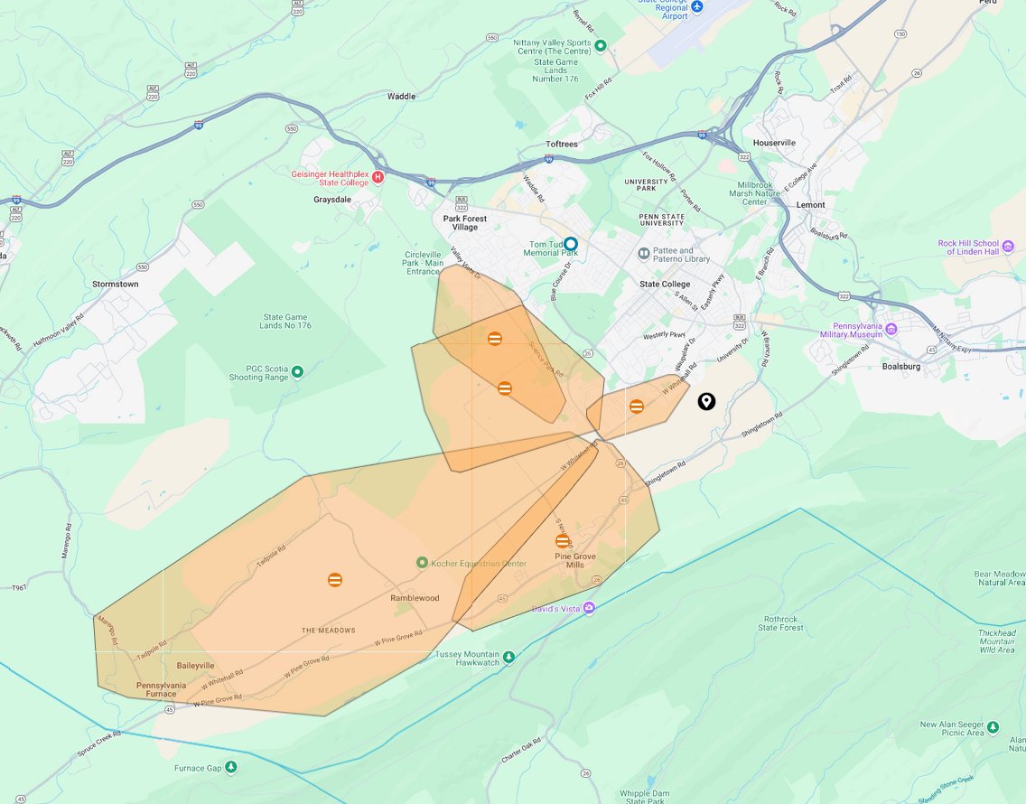 cremalerts's tweet photo. We are aware of a power outage in the Centre Region. Crews are are actively out working on restoration. In the meantime, please report any outages you may have by one of the following https://t.co/LN19LPC85R, text OUT to 544487 (LIGHTS) or call 1-888-LIGHTSS (1-888-544-4877). https://t.co/sBx4UFVjDZ
