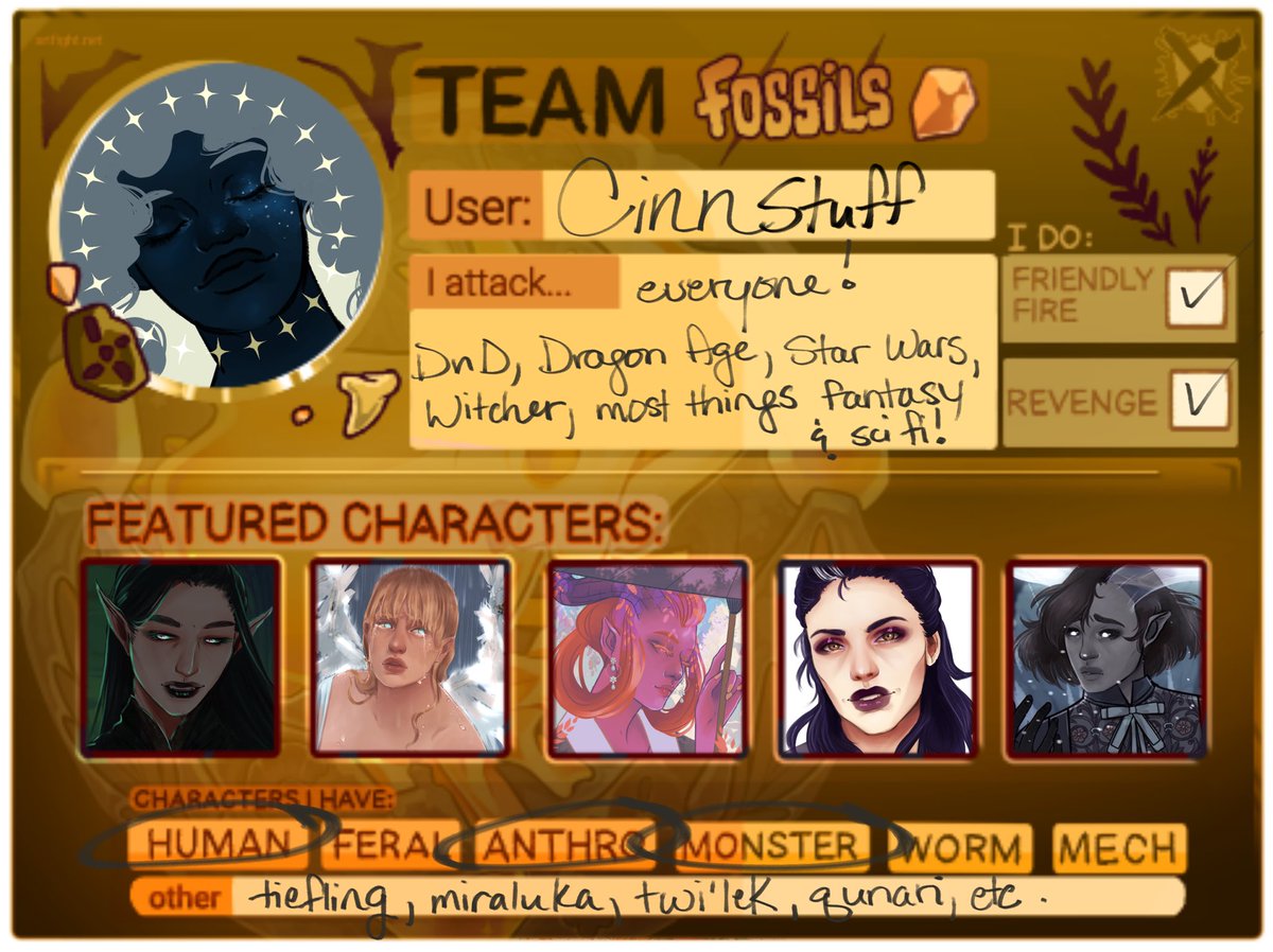 CinnStuff's tweet image. It is that time of year again! This will be my 4th(?) year doing Artfight and as an archaeologist of course I had to choose Team Fossil. Excited to see everyone’s ocs! #artfight2025