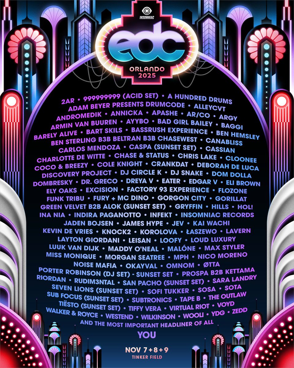 The Vanguard Orlando (@vanguard407) on Twitter photo The Official #EDCOrlando 2025 Lineup has arrived! 🌼⚡️🦉<a href="/EDC_Orlando/">EDC Orlando</a> returns to Tinker Field on Nov. 7+8+9 to celebrate life, love & music Under the Florida Sunshine. ☀️🌴 Passes go back ON SALE this Thursday at 12PM ET.
Set your alarms! ⏰ → edcorlando.com The Official #EDCOrlando 2025 Lineup has arrived! 🌼⚡️🦉<a href="/EDC_Orlando/">EDC Orlando</a> returns to Tinker Field on Nov. 7+8+9 to celebrate life, love & music Under the Florida Sunshine. ☀️🌴 Passes go back ON SALE this Thursday at 12PM ET.
Set your alarms! ⏰ → edcorlando.com