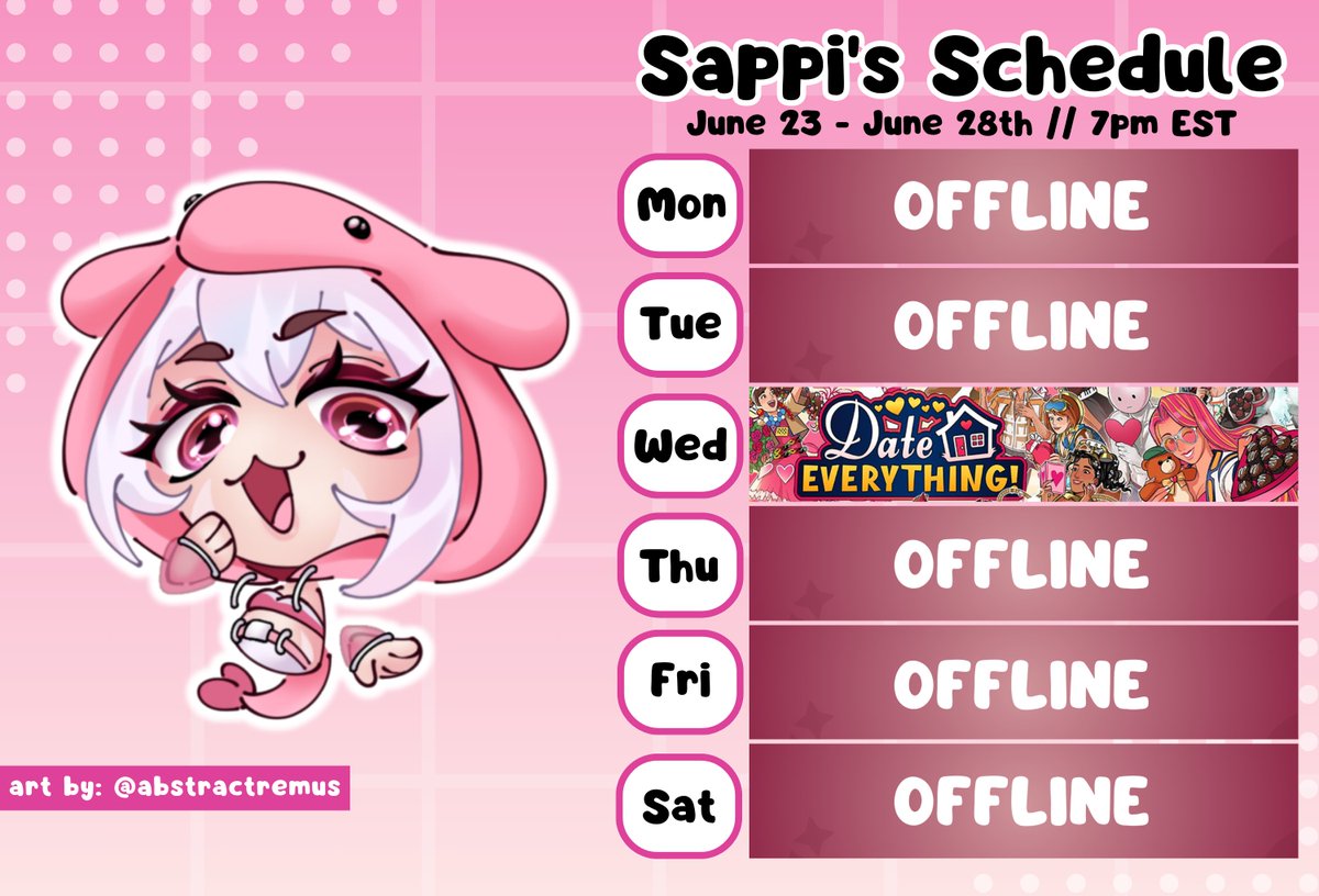SappiSakana's tweet image. ✨Schedule for the week✨

Light schedule this week so I can finish editing the youtube video 🐟

Hope to see you guys there (୨୧ᵕ̤ᴗᵕ̤)