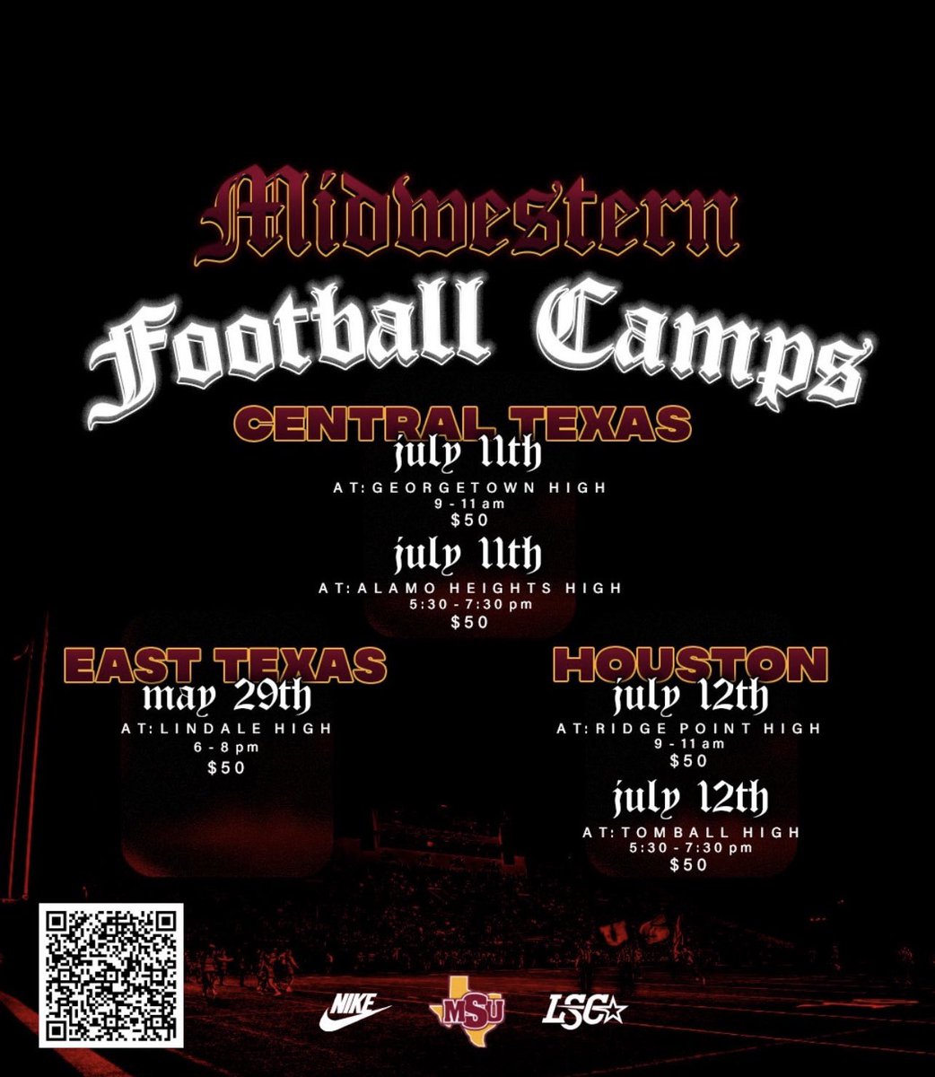 🚨 Midwestern State Football Camps
We’re coming to CENTRAL TEXAS &amp; HOUSTON this summer!
Elite coaching. Real exposure. Let’s go!

📍$50 per camp
🔗 Scan the flyer to register
#MSUTexasFB | #RecruitTexas | #CampSeason #stanggang