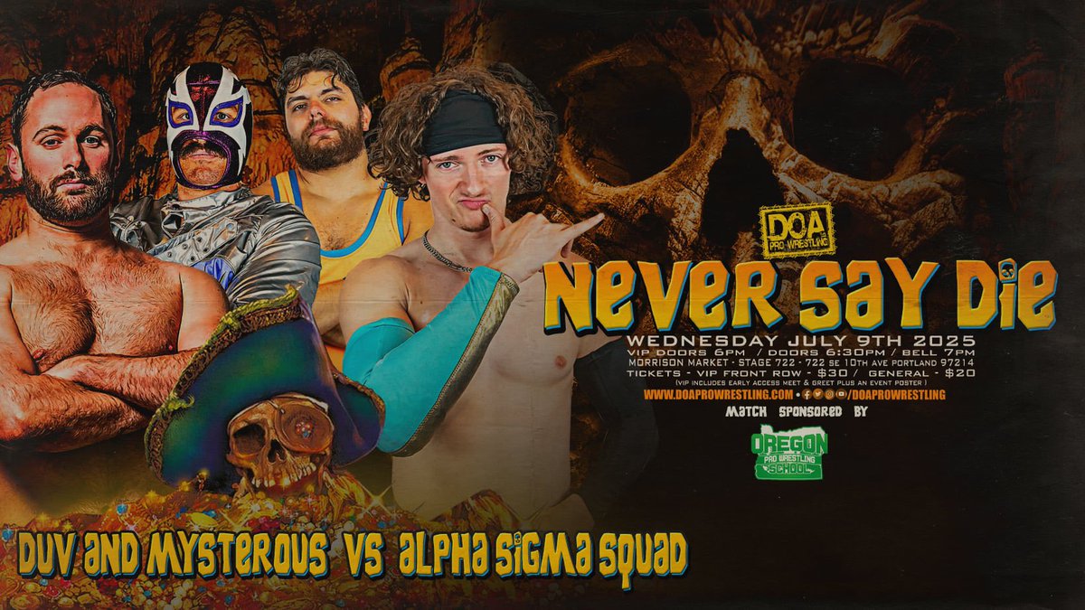 Four huge matches have already been announced for our next event and VIP is 1/2 gone!

DOA Grand Championship
JAIDEN 🆚 KEL
Perez 🆚 Sylum
Hotshot 🆚 Teninty
Duv &amp; Mysterious 🆚 A.S.S.

🪨Never Say Die
🗓️Wednesday, July 9th
📍Morrison Market - Stage 722

🎟️doaprowrestling.com