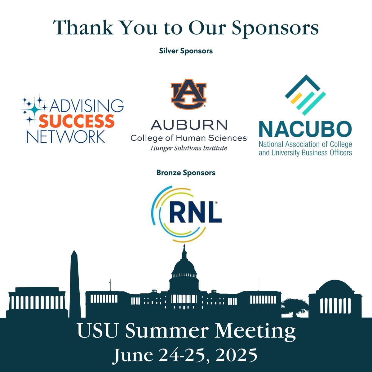 The USU team is excited to welcome our members to Washington, DC tomorrow for the 2025 USU Summer Meeting to celebrate our 20th anniversary! Thank you to our meeting sponsors for their generous support and partnerships 👏

<a href="/advising360/">Advising Success Network</a> <a href="/NACUBO/">NACUBO</a> <a href="/RuffaloNL/">RNL</a>