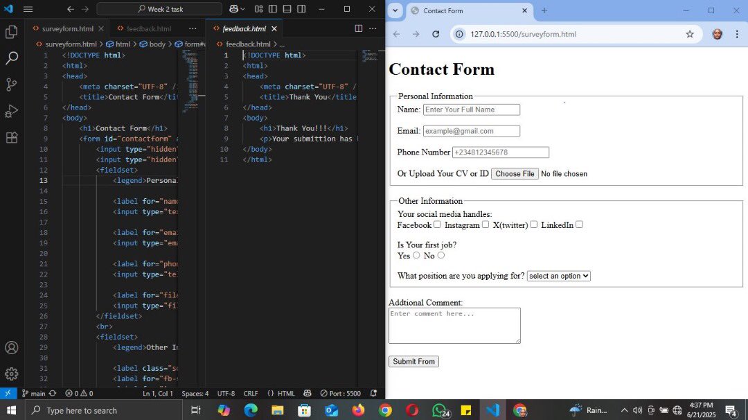Sunshine_MiraJ's tweet photo. Week 2 Task done 👏
Just built a full HTML form with:
✅ Name, Email, Radio & Checkbox
✅ Dropdown, File Upload
✅ Thank You feedback page after submit
Used only HTML + FormSubmit
#HTML #WebDev #Frontend #FormSubmit #TechJourneyJust https://t.co/Ebbhl4aalx