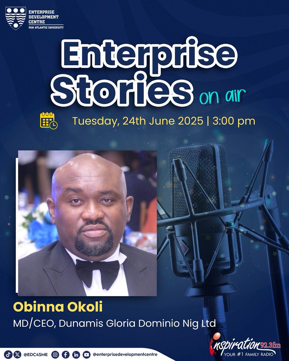 Join us as we go behind the scenes with Obinna Okoli,MD/CEO of Dunamis Gloria Dominio Nig Ltd
🗓 Tuesday, 24th June 2025
🕒 3:00 PM
📍 Inspiration 92.3FM
Don’t miss this inspiring journey of grit,growth, and enterprise
#EnterpriseStories #EDC4SME #InspirationFM #Entrepreneurship