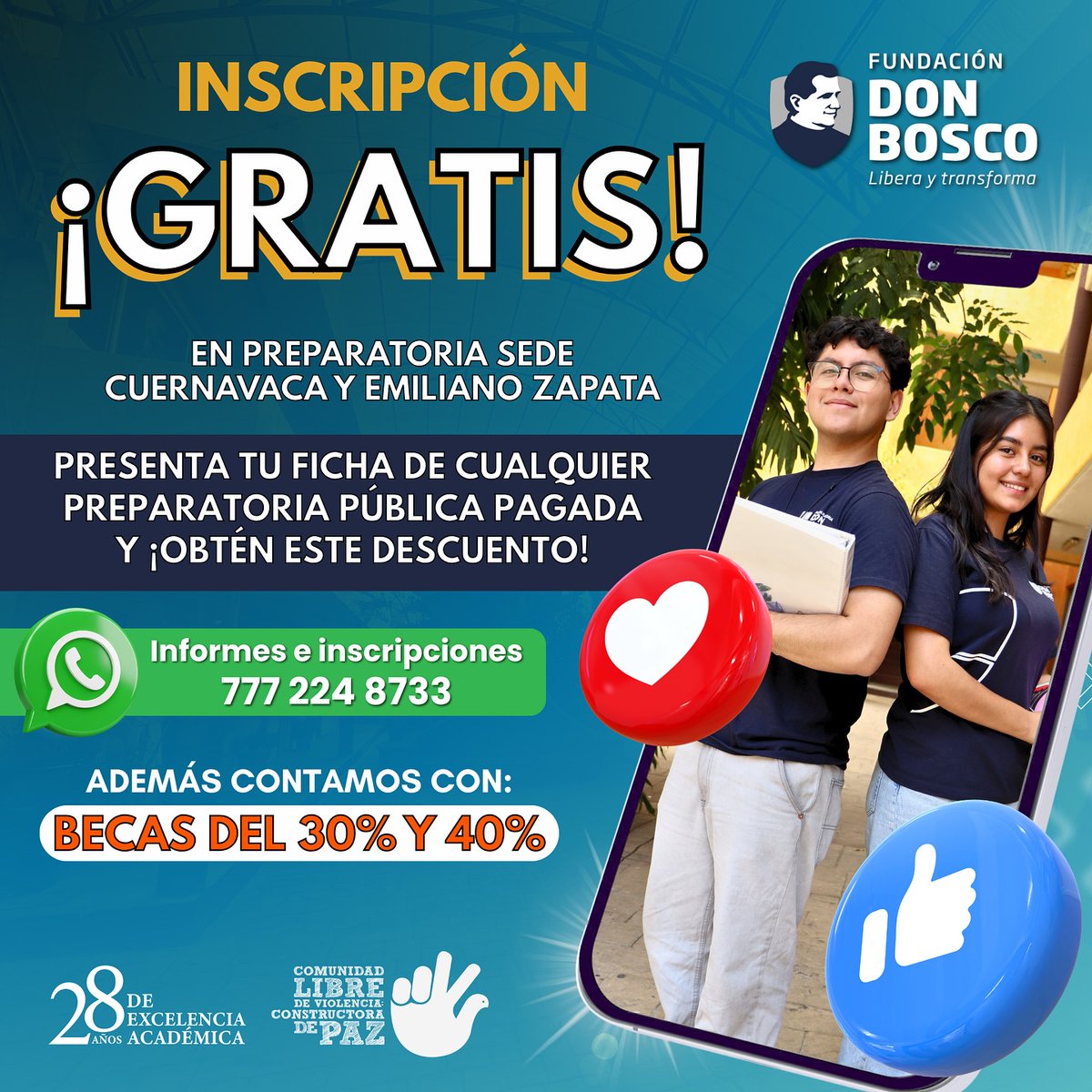 🎓 ¡Inscríbete a la Prepa Don Bosco sin pagar inscripción!
Presenta tu ficha de cualquier prepa pública pagada y tu inscripción es GRATIS.
📍 Cuernavaca y Emiliano Zapata
🎓 Becas del 30% y 40%
📲 Info: 777 224 8733