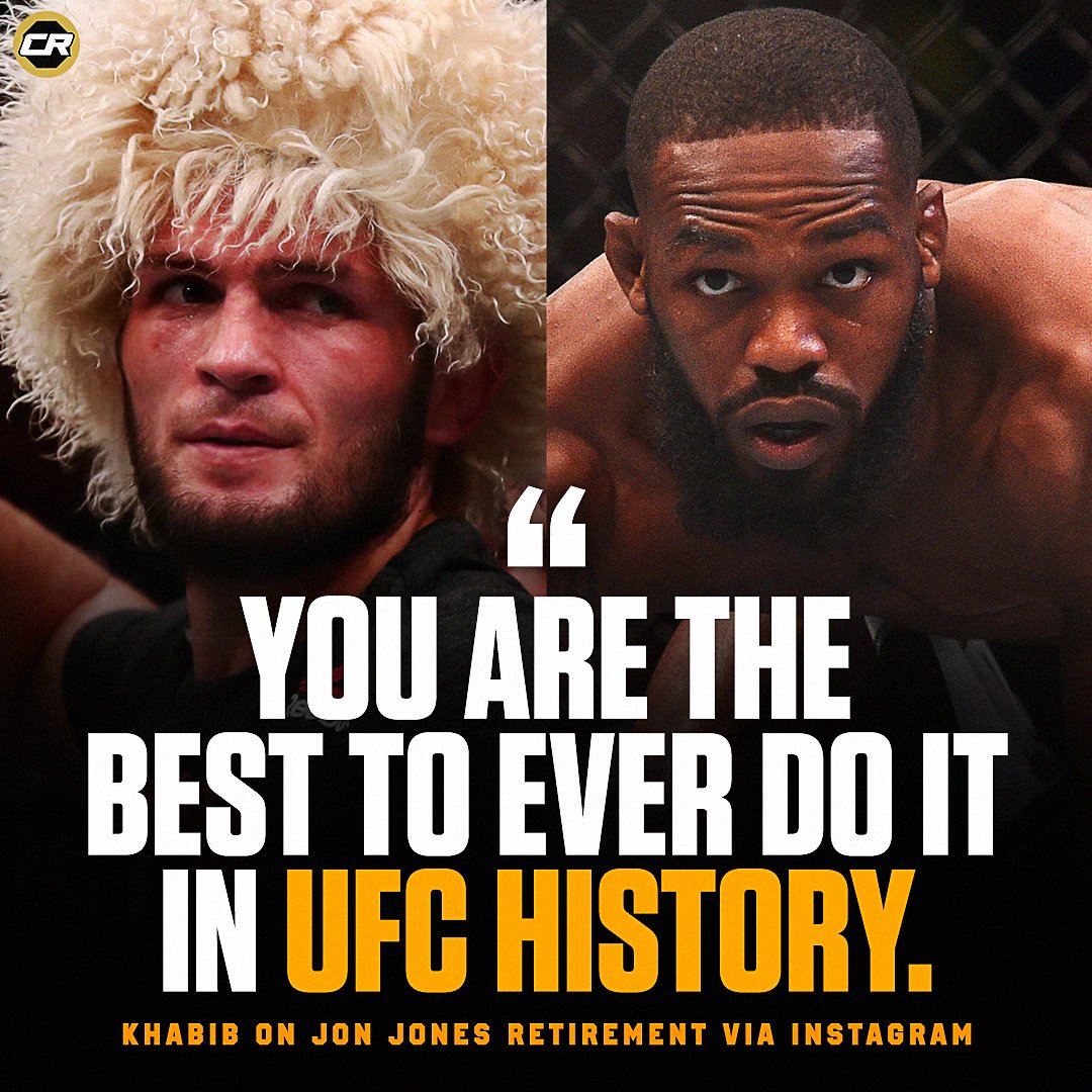 Championship Rounds (@champrds) on Twitter photo Khabib says Jon Jones is 'the best to ever do it' 🐐
"My congratulations legend. Even we was not friends, but you are the best who ever do it in UFC history, and you inspire millions of people around the world.
You have nothing more to prove in this sport."
(via <a href="/TeamKhabib/">khabib nurmagomedov</a>) Khabib says Jon Jones is 'the best to ever do it' 🐐
"My congratulations legend. Even we was not friends, but you are the best who ever do it in UFC history, and you inspire millions of people around the world.
You have nothing more to prove in this sport."
(via <a href="/TeamKhabib/">khabib nurmagomedov</a>)
