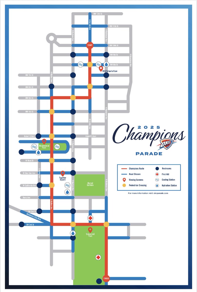 Ain’t missin’ this for nothin’. Got my cooler
packed, lawn chair loaded, and this map memorized
like a deer trail. Parade starts rollin’ at 10:30 AM and
it’s goin’ straight through the heart of downtown. OKC’s
showin’ out for our champs; get there early, it’s gonna
be somethin’