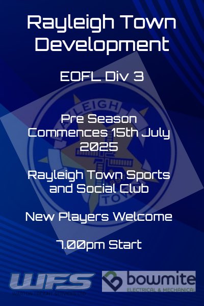 Pre season for the Development squad starts Tuesday 15th July at Rayleigh Town Sports and Social Club

Look forward to welcoming back the squad and any new comers looking for a new challenge as we enter EOFL Division 3 for the coming season 

And new takers DM us