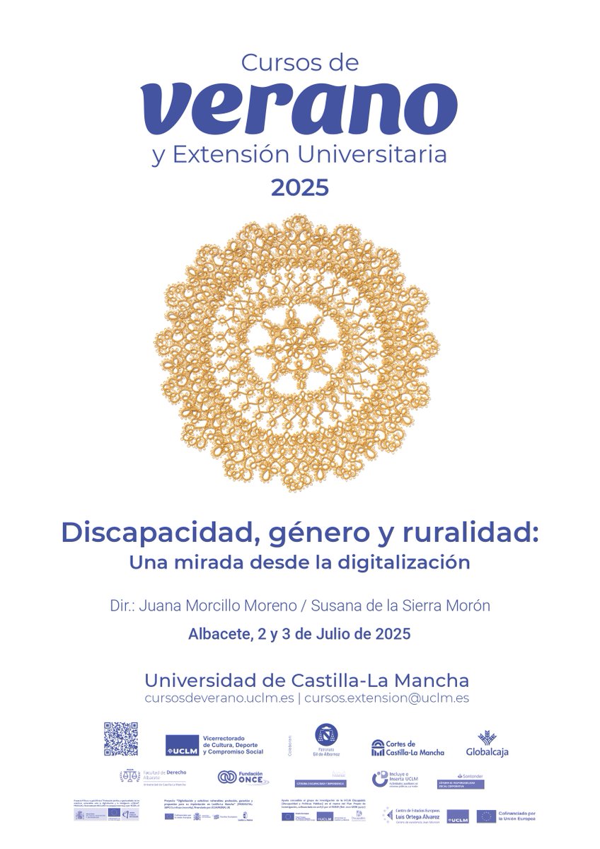 CURSO VERANO "Discapacidad, género y ruralidad: una mirada desde la digitalización" 2 y 3 julio en 
 <a href="/FacDerechoAB/">Fac. Derecho - AB</a>  <a href="/uclm_es/">Universidad de Castilla-La Mancha</a> 
Será retransmitido también vía streaming.
Info abderecho.uclm.es/actualidad/id5…