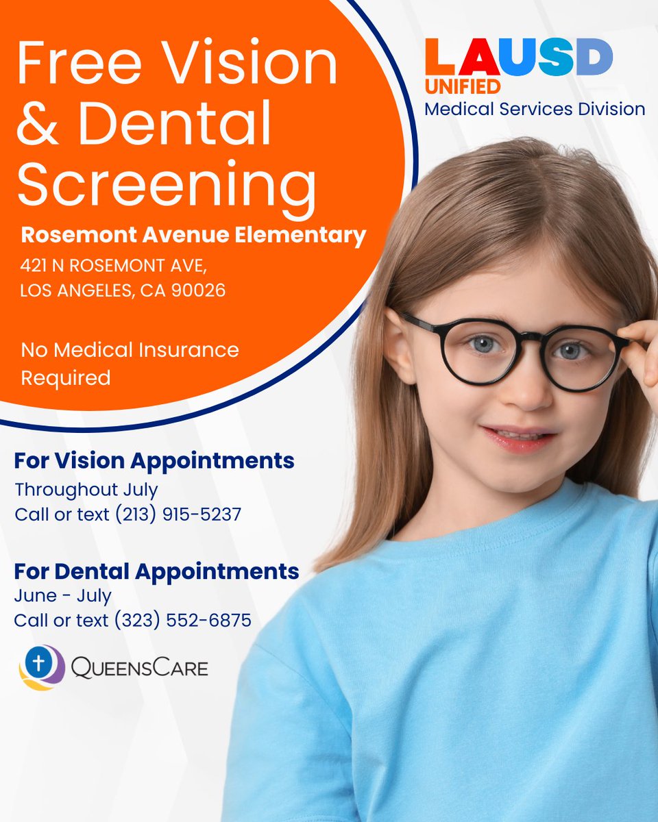 LASchools's tweet photo. .@LASchools partner @queenscarela is offering no-cost vision and dental screenings to our school communities at Rosemont Avenue Elementary School throughout June and July. Call or text (213) 915-5237 to schedule appointments to receive these free health services.

La organización aliada a @LASchools, @queenscarela, ofrece exámenes de la vista y dentales sin costo para nuestras comunidades escolares en la escuela primaria Rosemont Avenue durante los meses de junio y julio. Llame o envíe un mensaje de texto al (213) 915-5237 para programar una cita y recibir estos servicios de salud gratuitos.