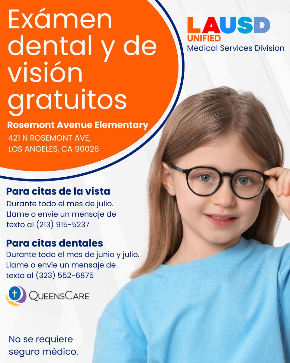 .<a href="/LASchools/">Los Angeles Unified</a> partner <a href="/queenscarela/">QueensCare</a> is offering no-cost vision and dental screenings to our school communities at Rosemont Avenue Elementary School throughout June and July. Call or text (213) 915-5237 to schedule appointments to receive these free health services.

La organización