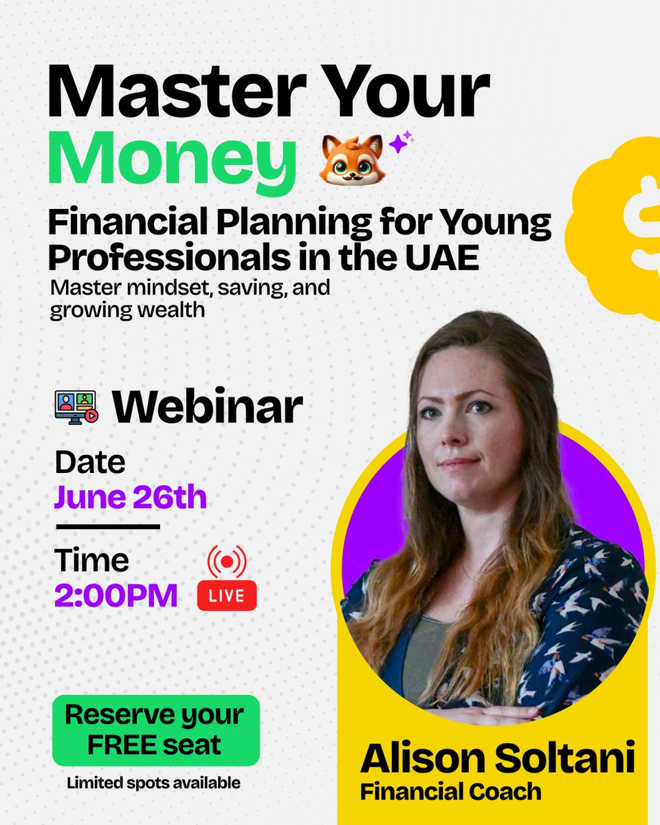 💸 Ready to Master Your Money?
Young professionals in the UAE — this one’s for YOU!
 Join our FREE live webinar with Financial Coach Alison Soltani and learn how to:

✅ Save smartly
✅ Grow your wealth with confidence

🗓 Date: June 26th
🕑Time:  PM (UAE Time)
📍Online | Limited