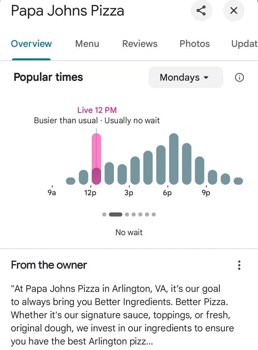 AlertaNews24's tweet image. 🇺🇸 | DATO: El Papa Johns más cercano al Pentágono reporta mucho tráfico, muy por encima del promedio para un lunes al mediodía, tiempo del este de EEUU.

Siempre que las pizzerías cercanas al Pentágono reportan alto tráfico de atención es por qué algo grande se avecina en alguna…
