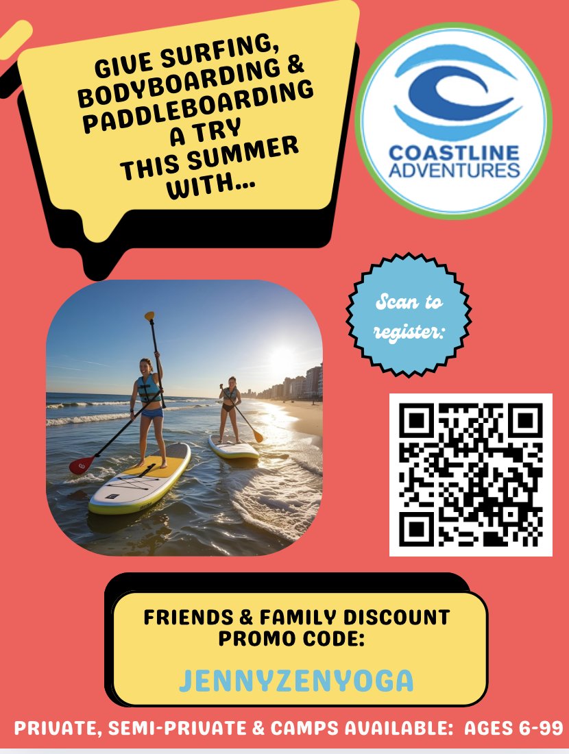 The water is waiting to cool you off!

Get ready for summer with an amazing collaboration between Coastline Adventures Surfing School and <a href="/jennyzenyoga/">Jennyzenyoga</a> !  Use the promo code:  JENNYZENYOGA for a discount on private, semi-private, and camp fees for your water sports this summer!