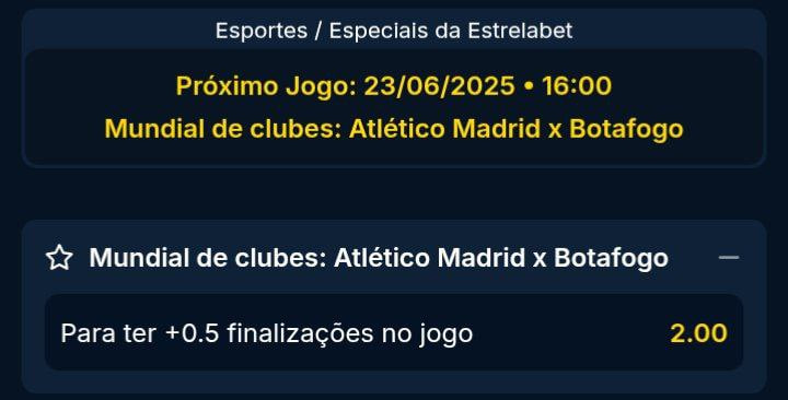 🔥 ABSURDA!
Pra ter pelo menos 1 finalização no jogo...
🧠 Não é do Botafogo, não é do Atlético...
É NO JOGO INTEIRO!

⚽️ Qualquer finalização, de qualquer lado, e tá pago!
💰 ODD 2.00 — Isso aqui é surreal pra uma linha dessa.
💵 Limite: 5 reais

👉 GARANTE AGORA