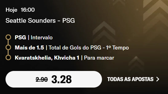 🔥 AUMENTADA PRO JOGO DO PSG!
Seattle x PSG | 16h

✅ PSG vence no intervalo
✅ PSG faz +1.5 gols no 1º tempo
✅ Kvaratskhelia pra marcar no jogo

💣 ODD TURBINADA: 3.28!

📝 A lógica aqui é:
👉 PSG deve atropelar já no 1º tempo.
👉 Kvaratskhelia é aquele nome fora da curva que