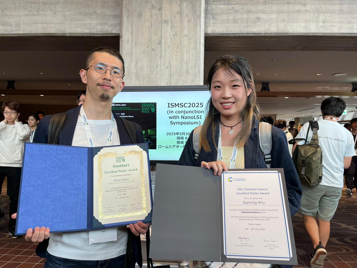 Würthner Group (@wuerthnergroup) on Twitter photo Congratulations to Jiarong <a href="/GalliumWu/">Jiarong Wu</a> and Rikuto <a href="/Rick_Polymer/">Rikuto KANNO</a>, who both recieved one of the few Excellent Poster Awards <a href="/ISMSC2025/">ISMSC2025, Kyoto</a> in Kyoto, Japan! Congratulations to Jiarong <a href="/GalliumWu/">Jiarong Wu</a> and Rikuto <a href="/Rick_Polymer/">Rikuto KANNO</a>, who both recieved one of the few Excellent Poster Awards <a href="/ISMSC2025/">ISMSC2025, Kyoto</a> in Kyoto, Japan!