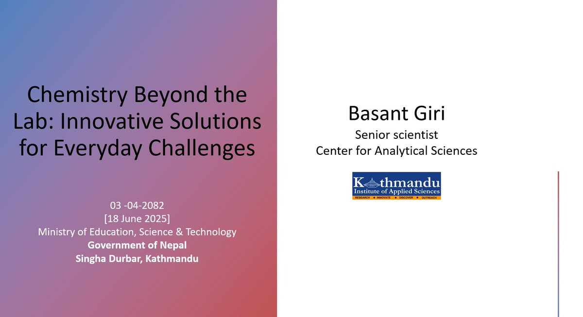 KathInsAppSci's tweet image. KIAS scientist @girib71 was recently invited by the Ministry of Education, Science &amp;amp; Technology (#MoEST) Nepal to share his research at Singha Durbar. He spoke on "Chemistry Beyond the Lab: Innovative Solutions for Everyday Challenges." 

🇳🇵 #STEMNepal #ScienceAndDevelopment
1/n