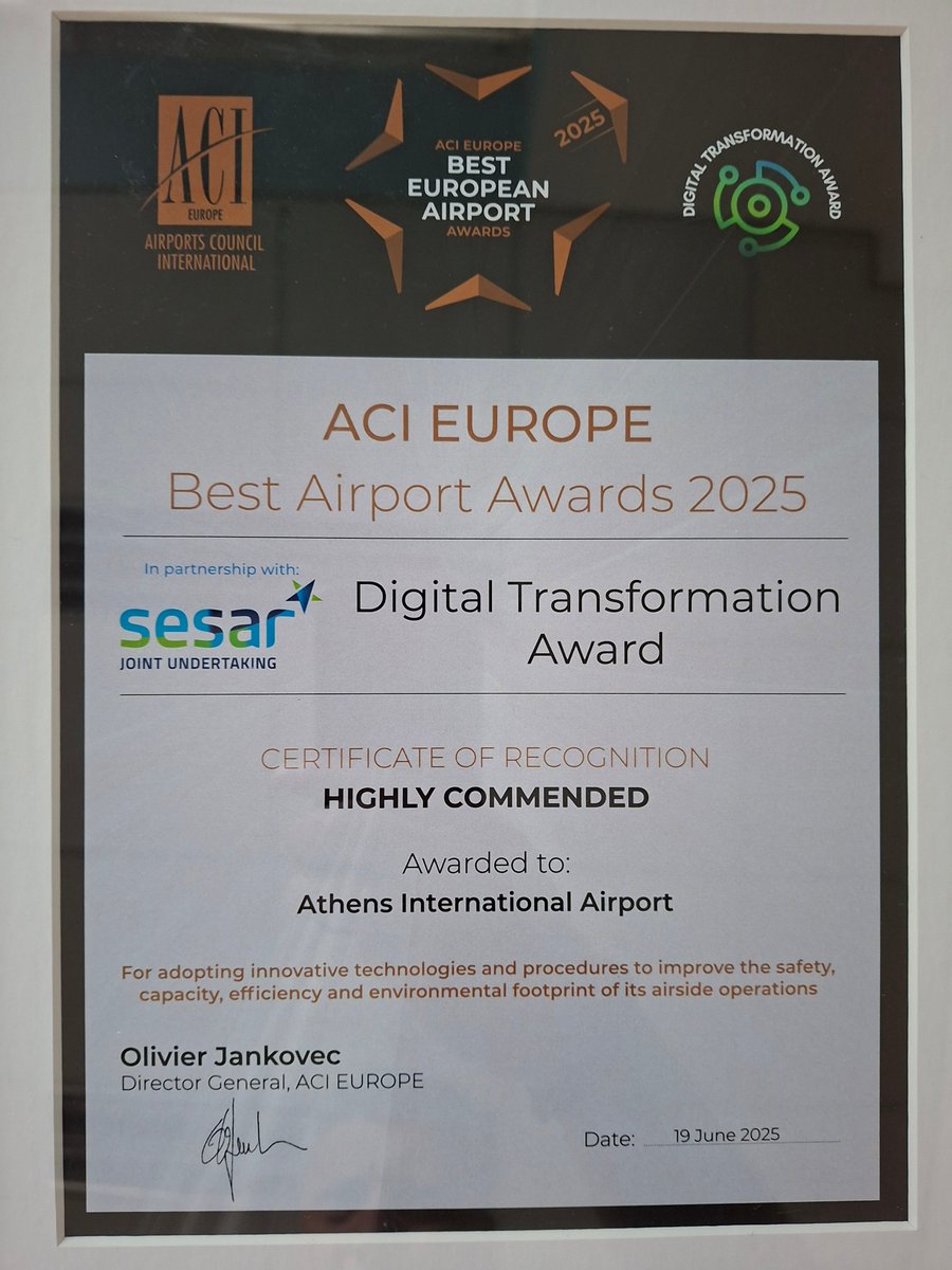 Athens Airport (@ath_airport) on Twitter photo 🎉 Proud to receive the Highly Commended ACI EUROPE Digital Transformation Award 2025 - with <a href="/SESAR_JU/">SESAR JU🇪🇺✈️</a> - for advancing safety, efficiency & sustainability in airside ops through innovation.
A big win for digital collaboration & the future of aviation! ✈️🌍 #ACIEurope #SESAR 🎉 Proud to receive the Highly Commended ACI EUROPE Digital Transformation Award 2025 - with <a href="/SESAR_JU/">SESAR JU🇪🇺✈️</a> - for advancing safety, efficiency & sustainability in airside ops through innovation.
A big win for digital collaboration & the future of aviation! ✈️🌍 #ACIEurope #SESAR