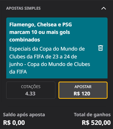 🚨 ESPECIAL – COPA DO MUNDO DE CLUBES
Flamengo + Chelsea + PSG marcam 10 ou mais gols somados!
💥 ODD 4.33

👀 Olha os confrontos:
🔴 Flamengo x Los Angeles FC
🔵 Chelsea x Esperance
🔵 PSG x Seattle Sounders

🤯 3 times MUITO favoritos, com total potencial pra goleadas!
Se