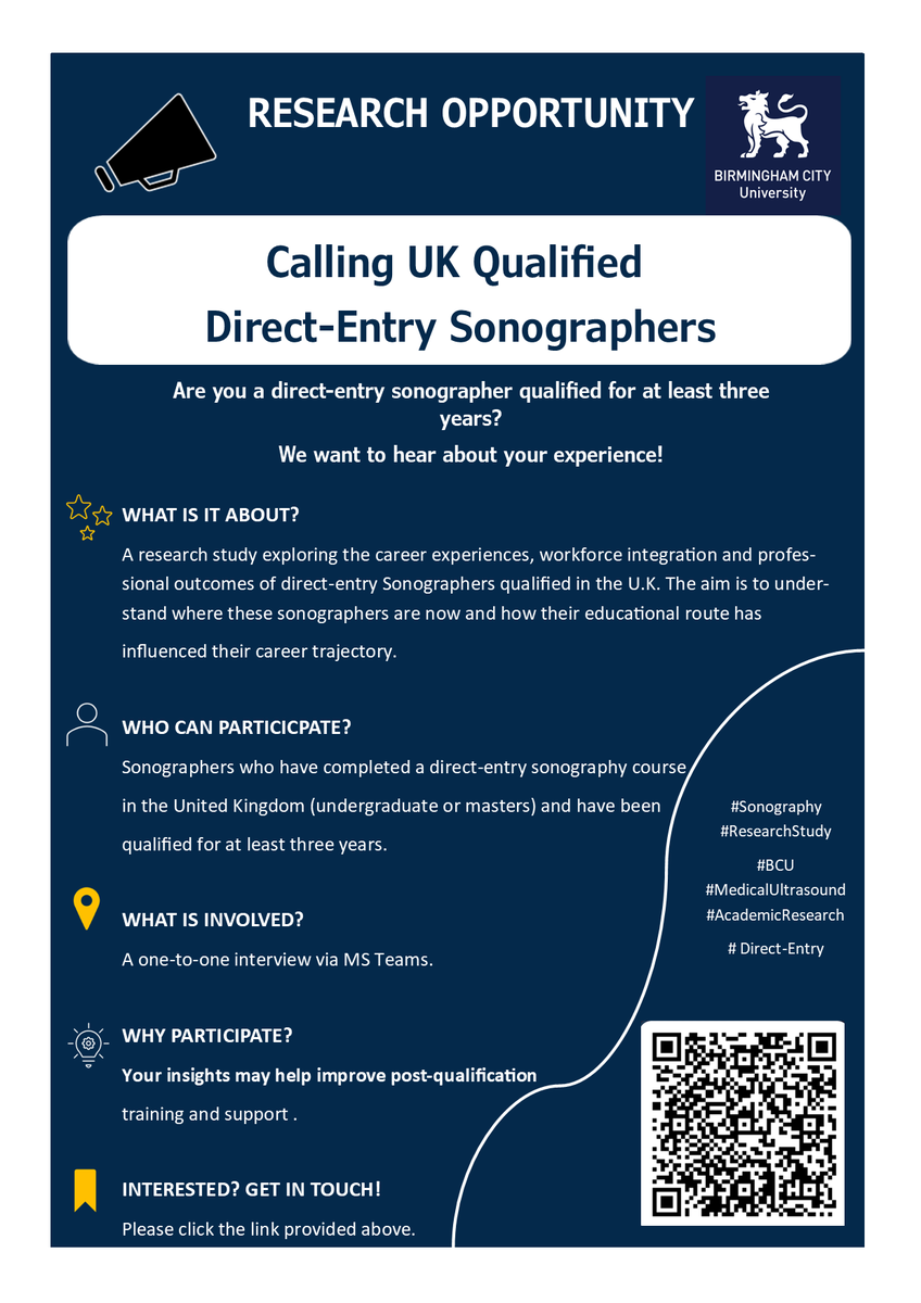 📢 Research Opportunity for UK Direct-Entry Sonographers!  

Are you a direct-entry sonographer who has been qualified for at least three years? 

Your experience is valuable!  

📩Find out more and register your interest here: forms.office.com/e/FBDWfSm9ut