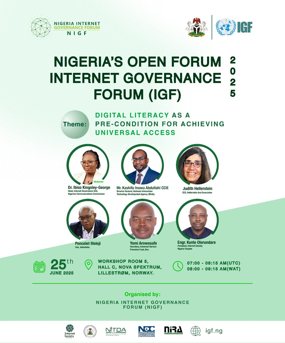 Join Nigeria at IGF 2025 in Norway! Internet Society Nigeria Chapter is collaborating with other stakeholders in the Nigeria Internet Governance Forum (NIGF) to host an Open Forum at the Internet Governance Forum (IGF) 2025 on:  📅 25th June 2025 📍 Workshop Room 5, Hall C, Nova