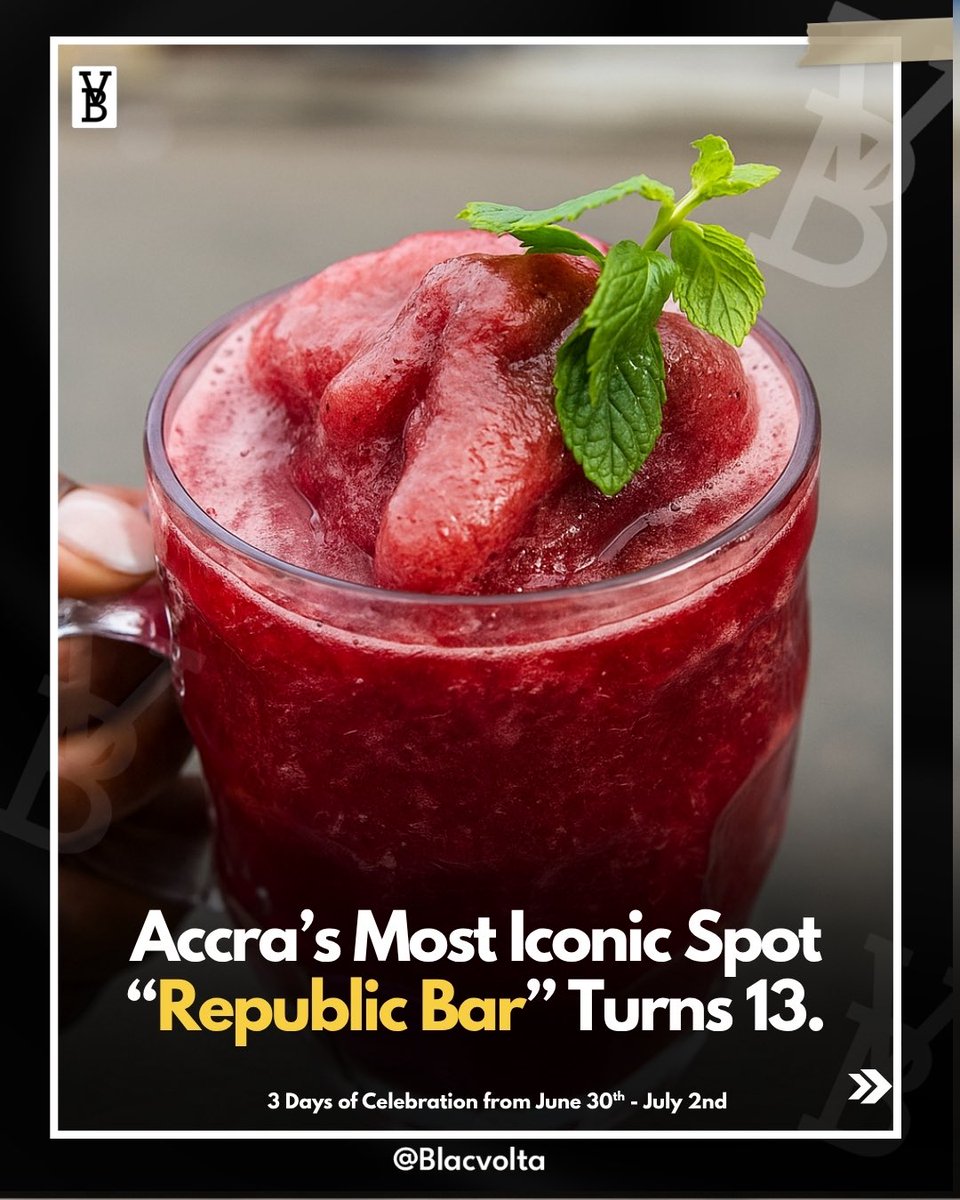 One of Ghana’s 🇬🇭 most iconic spots, Republic Bar , is celebrating 13 years in the entertainment and hospitality industry with a three-day celebration from June 30th to July 2nd, 2025. <a href="/RepublicBarGH/">The Republic Bar</a>