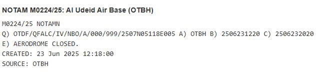 DefenseDiplomat's tweet photo. 🚨🇮🇷🇺🇸🇶🇦 BREAKING: IRANIAN AIRSTRIKE on now-evacuated US MILITARY BASE in Qatar is imminent - FOX News NOTAM Issued. https://t.co/2Kc9OppoJa
